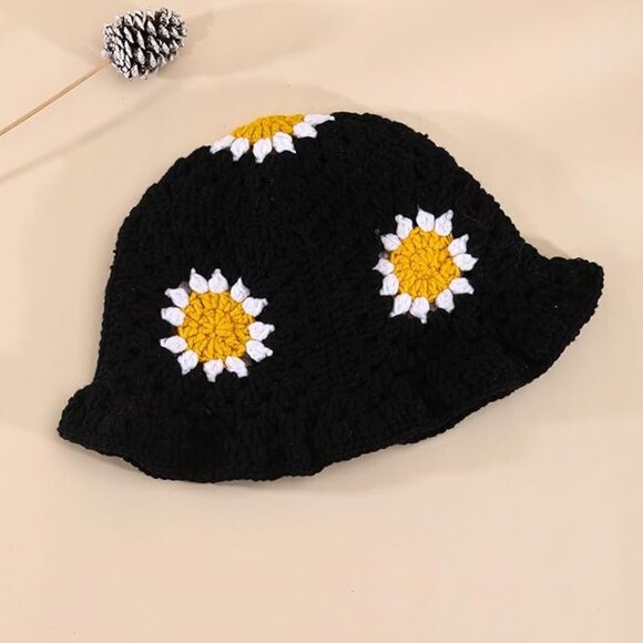 One Handmade Crochet Sunflower Decorated Color Blocking Bucket Hat For Women